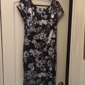 Connected Apparel Navy and White Floral Midi Dress